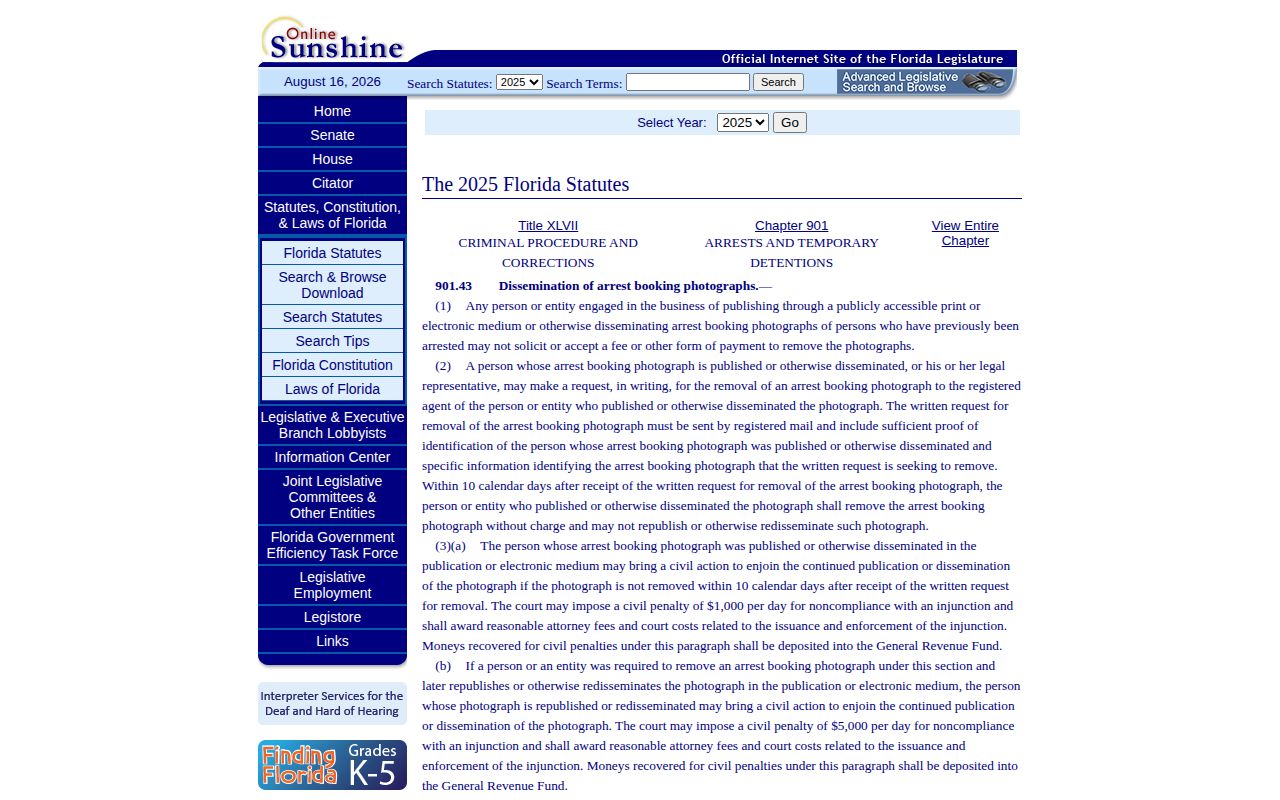 Florida law governing commercial Hamilton County booking photo removal