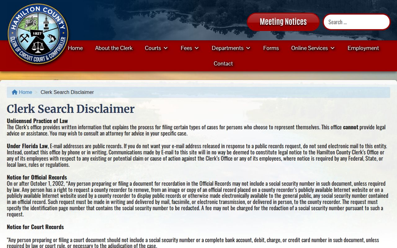Hamilton County Clerk court record disclaimer for warrant checks